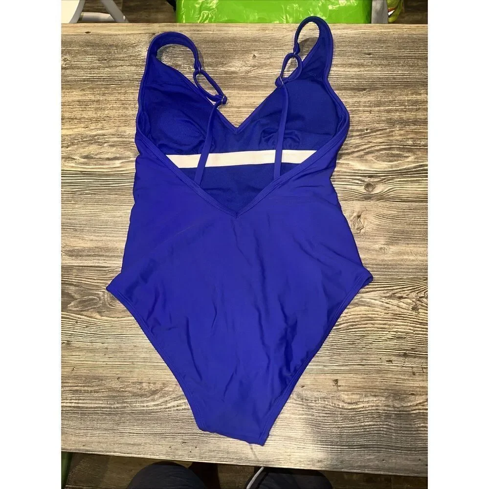 Women's V-Neck Over the Shoulder High Leg One Piece Swimsuit - Kona Sol Blue M.Z - Picture 2 of 5